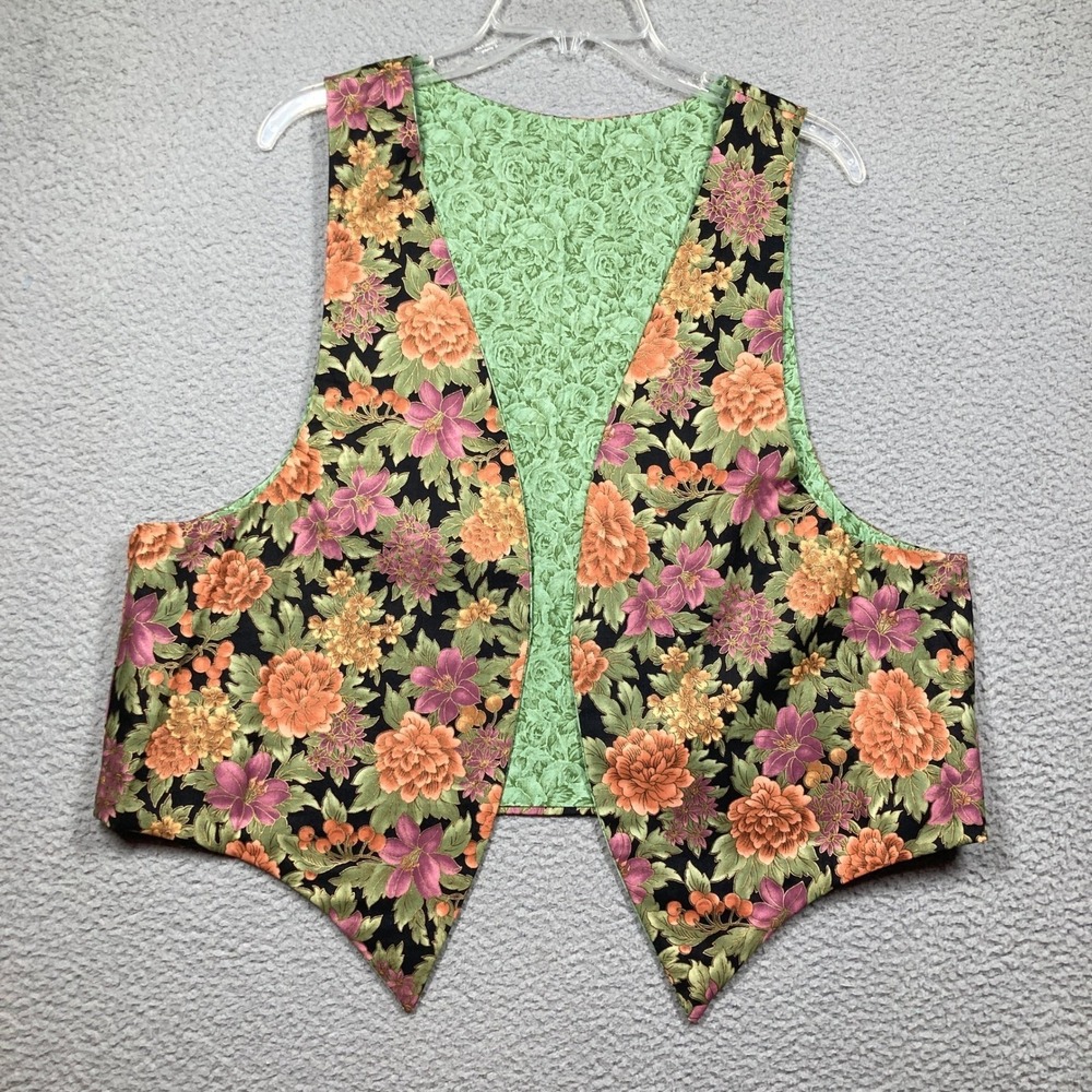 Handmade Reversible Floral Vest Womens‎ XL Green Black Orange Boho Pointed Hem